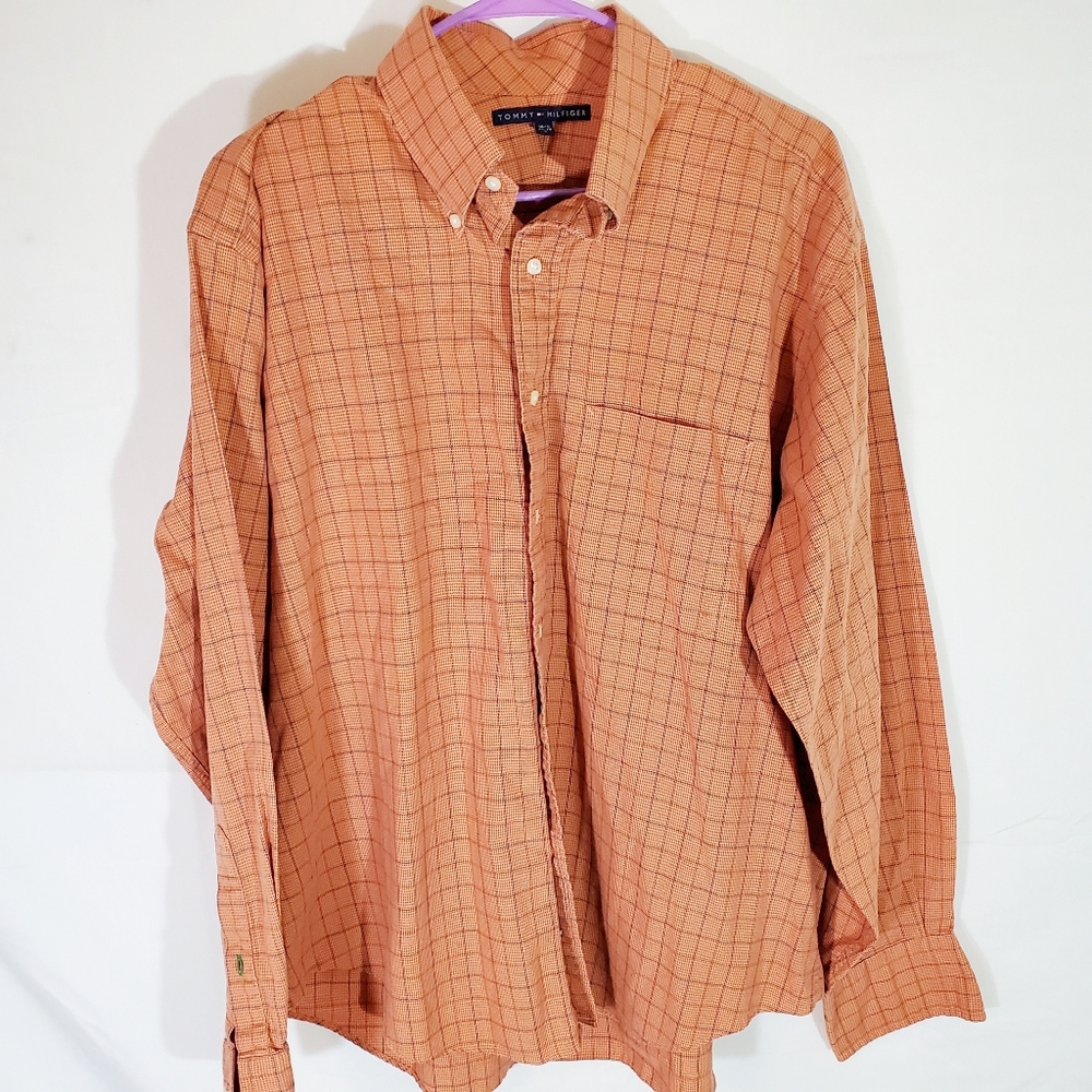 Tommy Hilfiger Men Orange Check Button Front Sz L